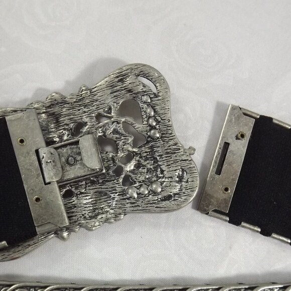 Silver Metal Stretch Belt with Green and Pastel Floral Pattern Belt Buckle - Picture 6 of 11